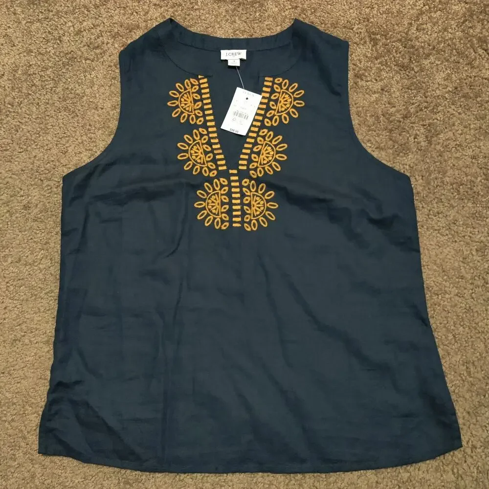 J. Crew Linen Embroidered Shirt Bib Y Neck Sleeveless Women's‎ Size 4 New
